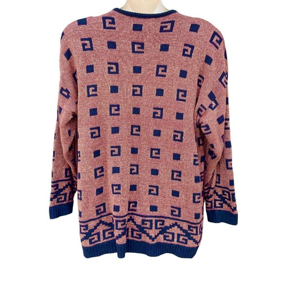 VTG 80s 90s Metallic Rust Salmon Gold Geometric Sweater Glam Retro Size L Women - Picture 2 of 7